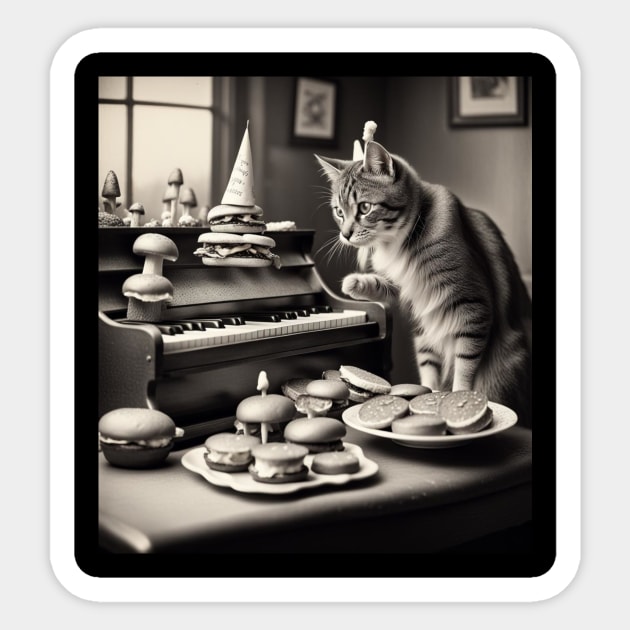 piano playing cat with burgers on his birthday Sticker by Catbrat